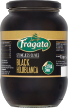 A 810g jar of Fragata Stoneless Olives - Black Hojiblanca