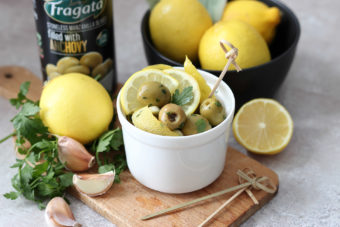 Fragata stoneless manzanilla olives filled with anchovy in a lemon, garlic and parsley marinade