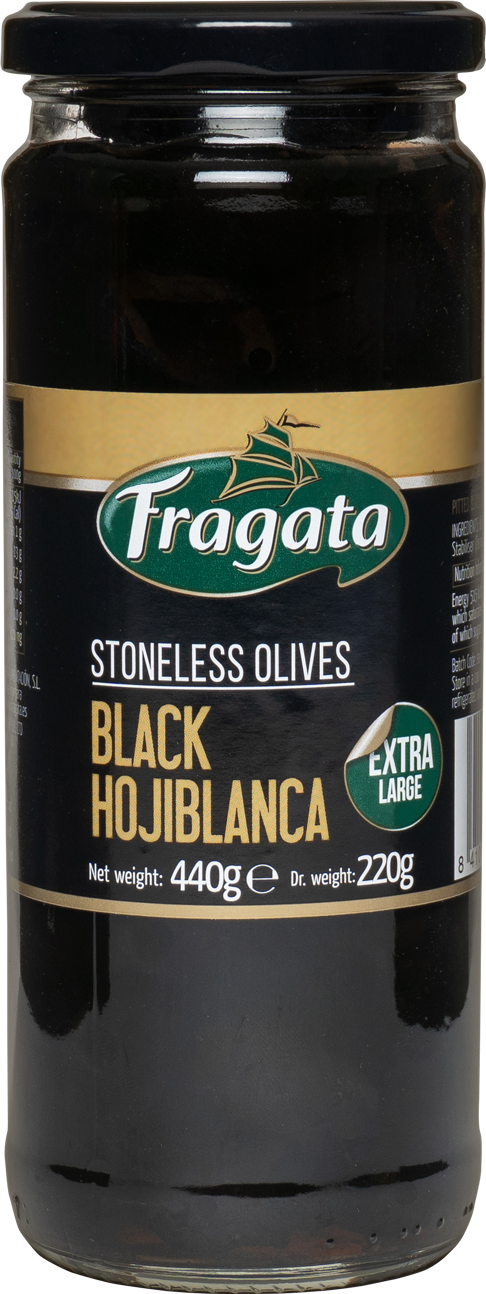 Stoneless Hojiblanca Black Olives 440g Fragata