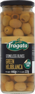 A jar of Fragata Stoneless Green Olives Hojiblanca