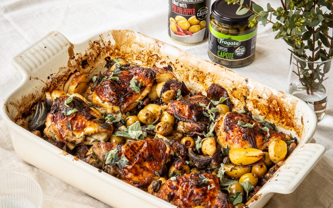 Sticky chicken with potatoes, dates and olives