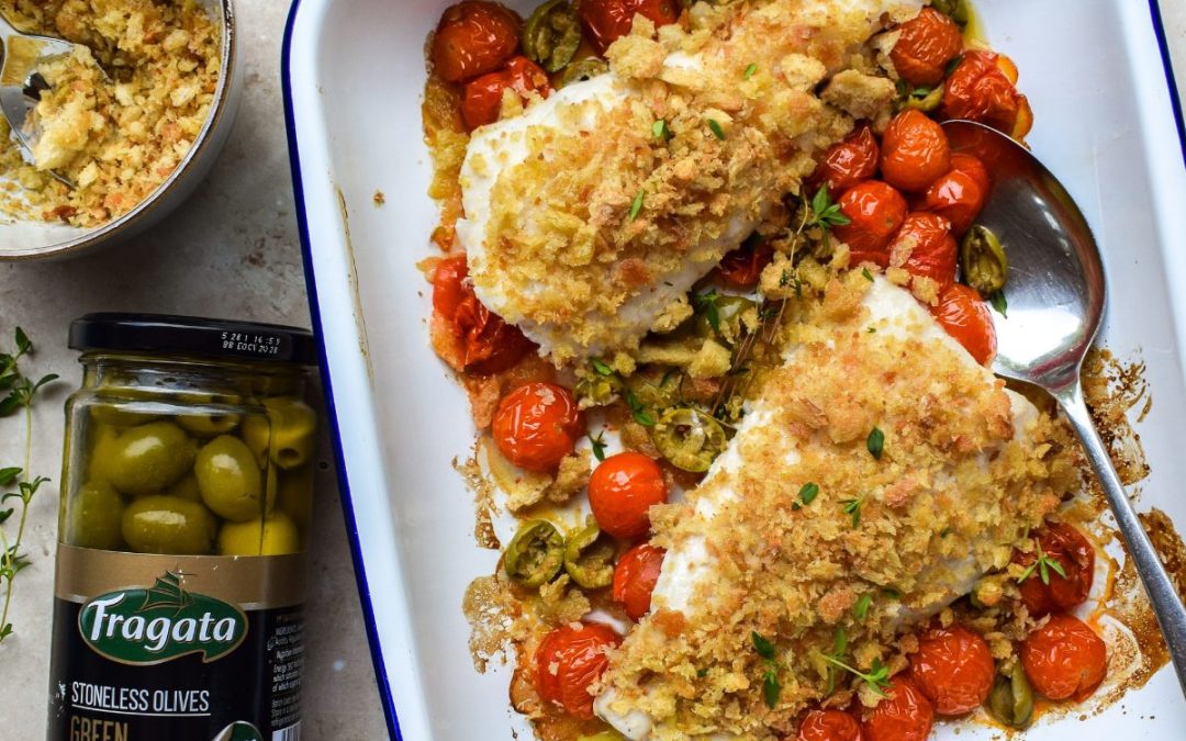 Baked Fish with Tomatoes, Garlic and Olives