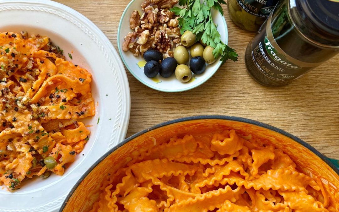 Creamy Pepper Pasta with Olive & Walnut Pangrattato